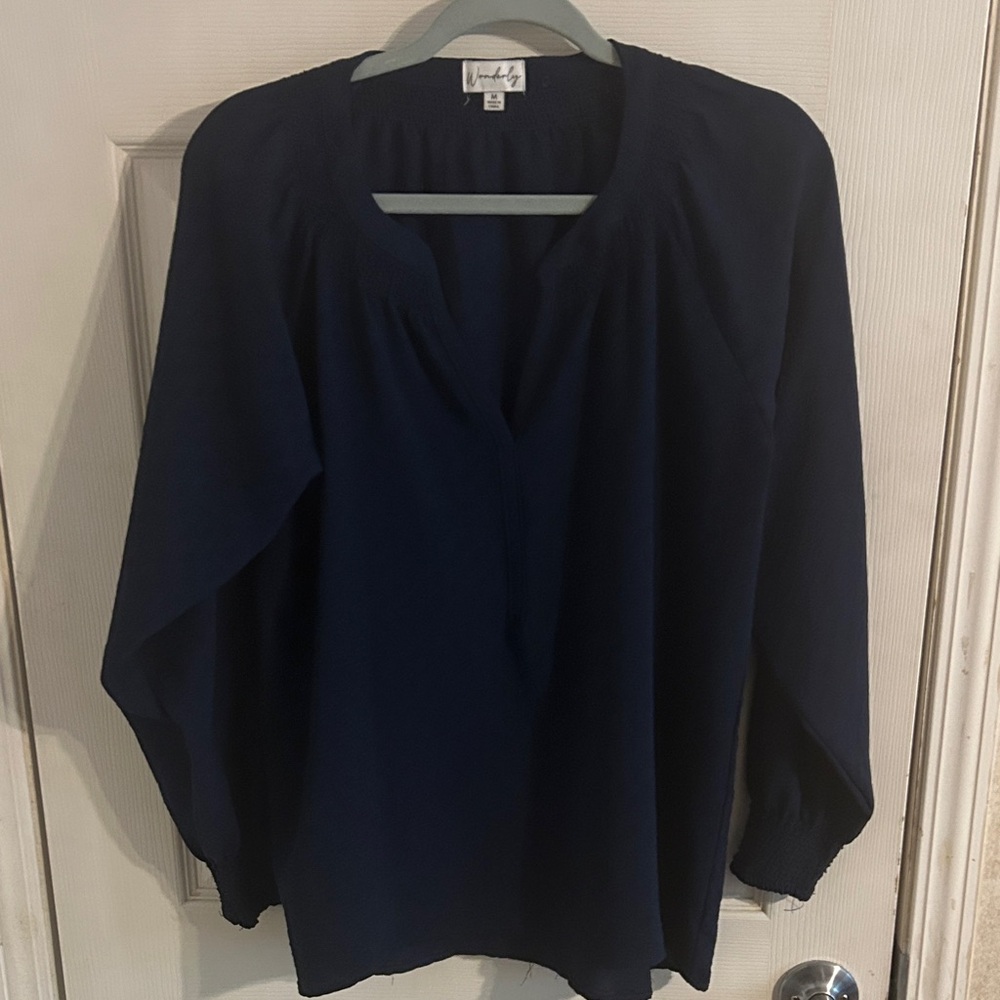 Wonderly Navy V-Neck Long-Sleeve Blouse